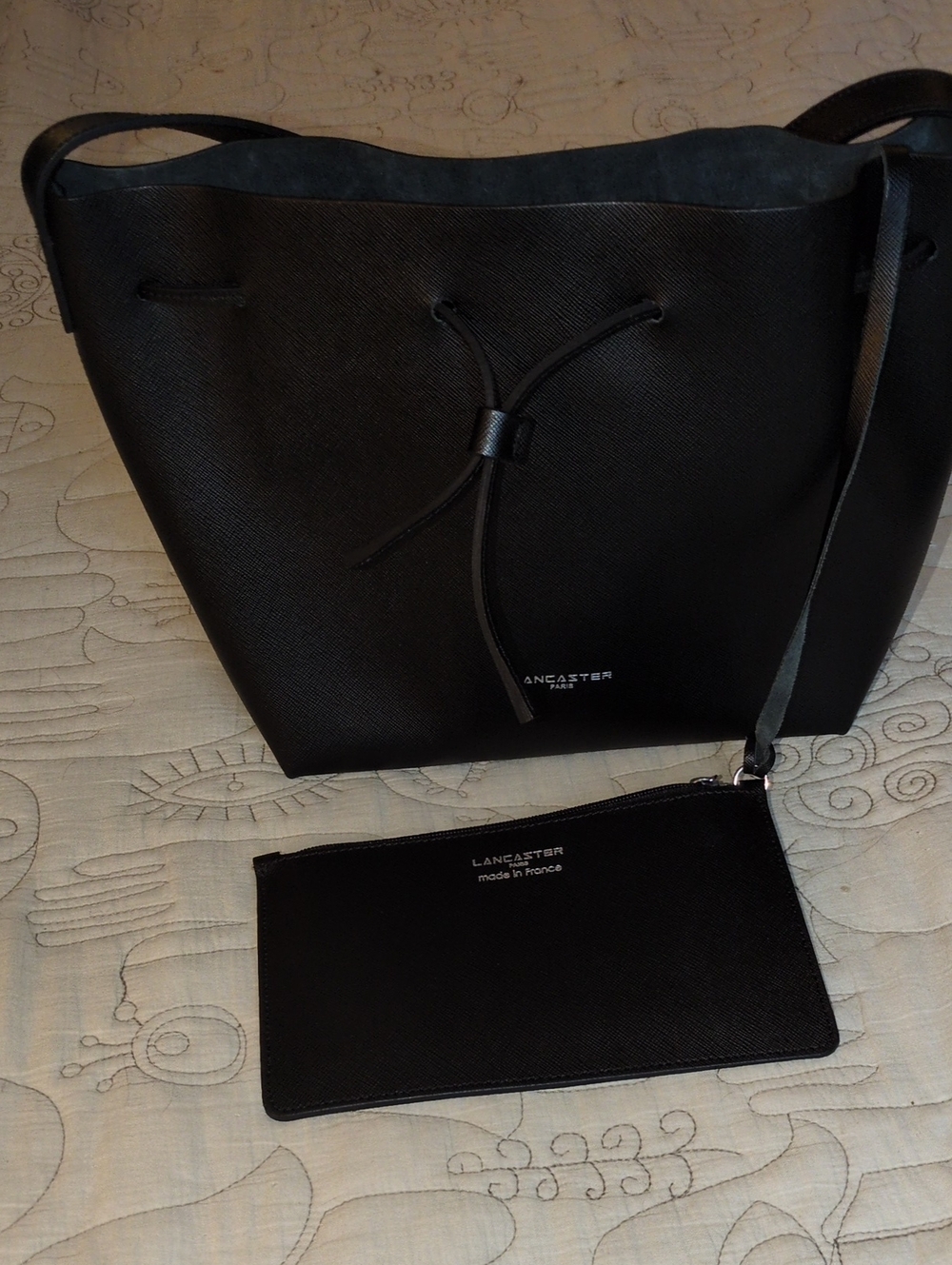 LANCASTER Black Saffiano Leather Bag with Interior Pouch & Dust Bag